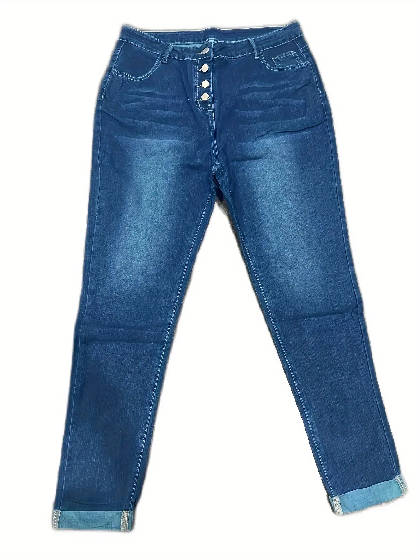 Plus Size Casual Jeans, Women's Plus Button Fly Roll Up Buckle Hem High Stretch Jeans Temu
