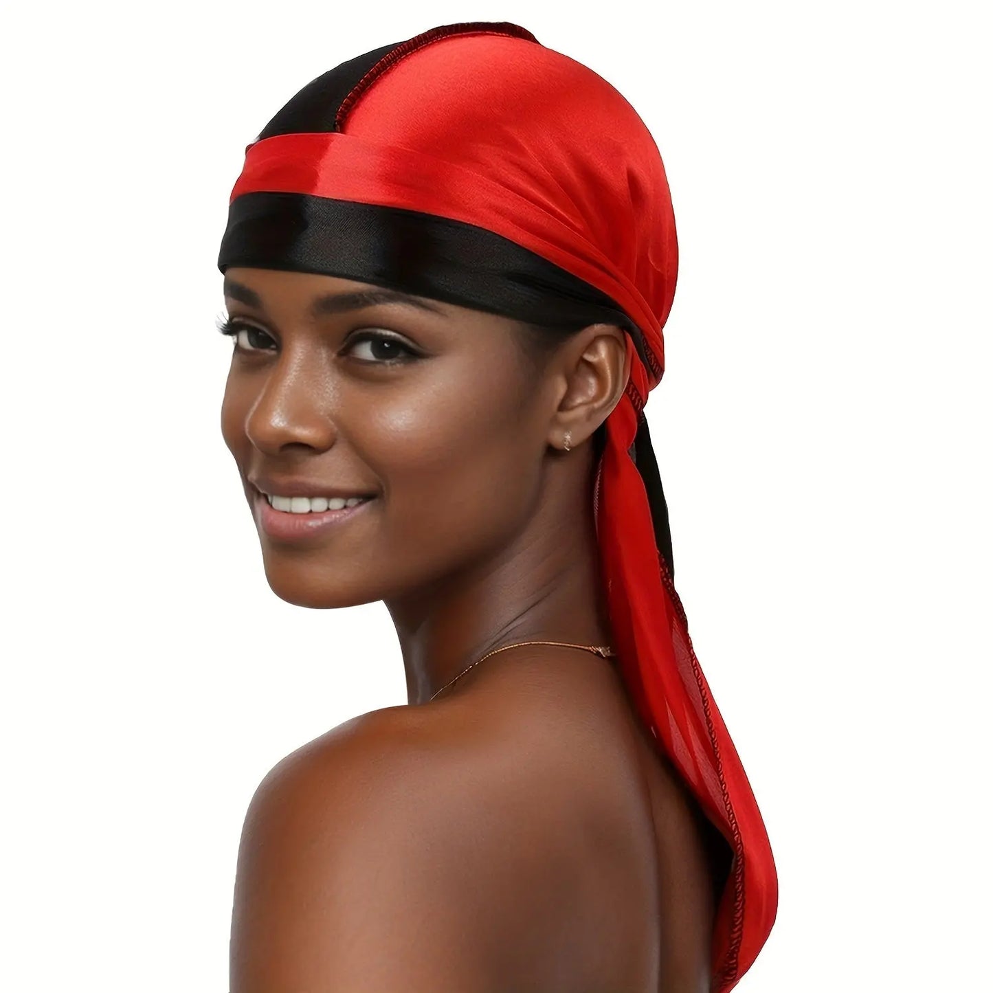 Silky Durag - Assorted Colors Satin Pirate Cap with Long Tail, Wide Straps, Elastic Breathable Head Wrap Chic Le'Meek