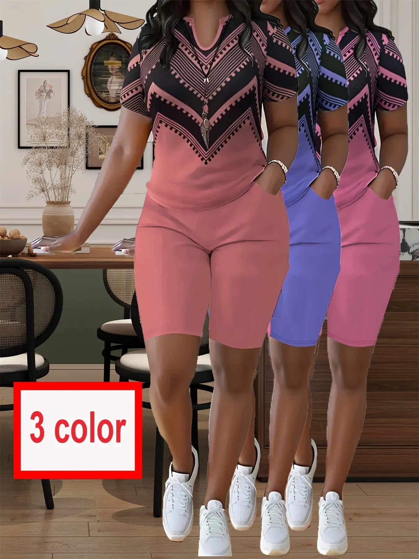 Womens Plus Size Bohemian Two Pieces Set Casual Elegant Shorts Set, V Neck Short Sleeve Top & Shorts Outfits For Spring, Fall & Summer, Comfortable Polyester For Casual Attire, Versatile Clothing, Women'S Plus Size Clothing Chic Le'Meek