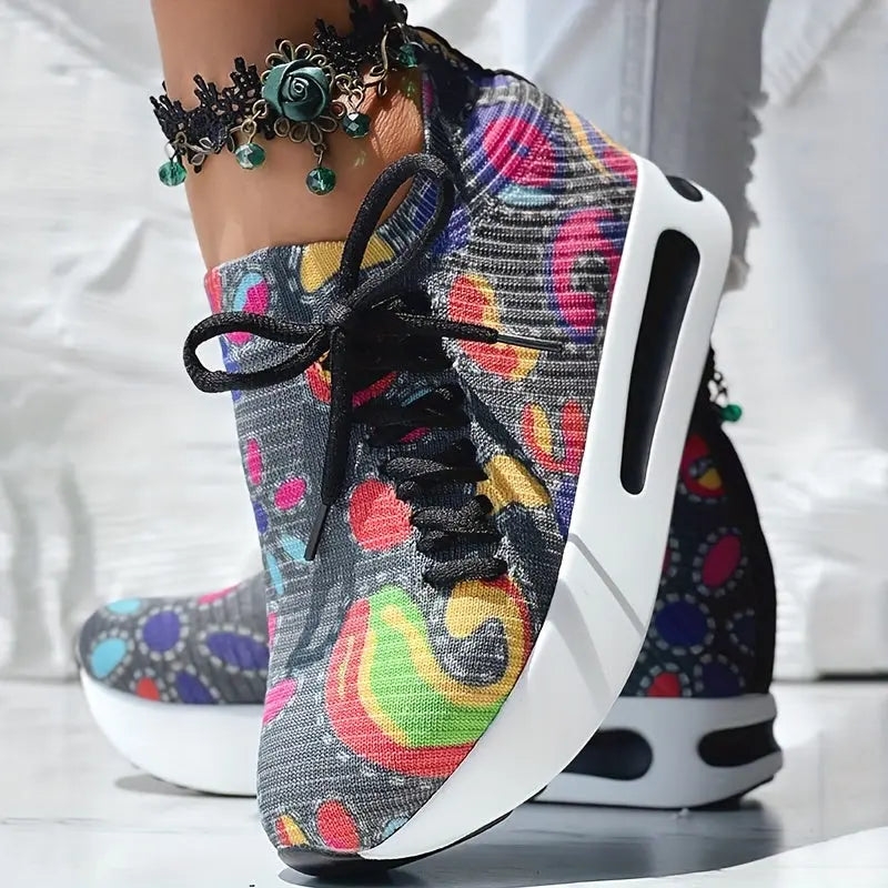 Abstract Print Side Lace-up Casual Wedge Sneakers - Without Anklet Chic Le'Meek