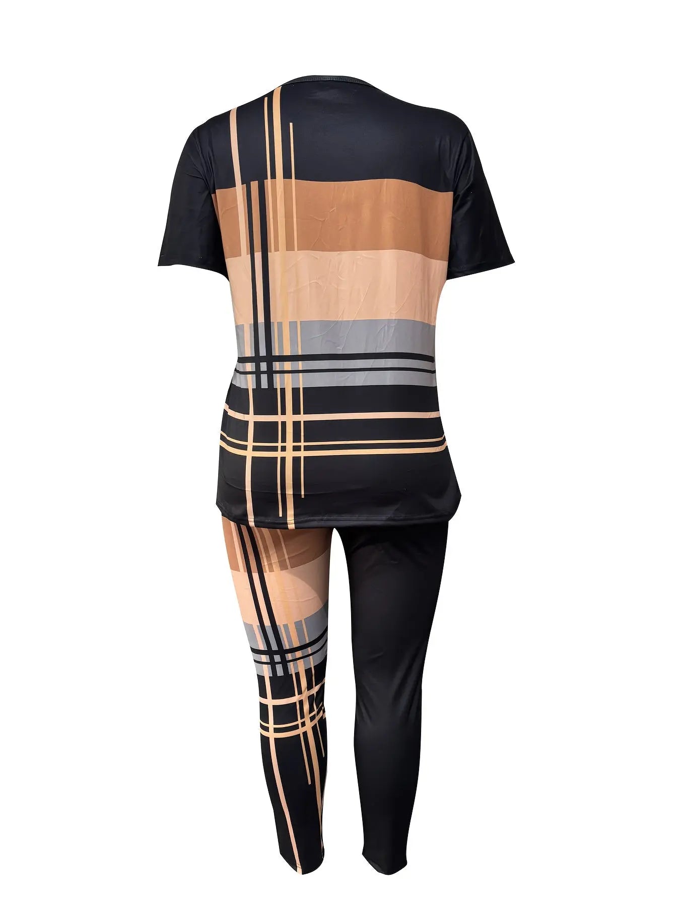 Smart Casual Crewneck Two-piece Set Plus Size Women'S Two-piece Set Short Sleeve Color-block Top T-shirt With Long Pants Bottoms Set Chic Le'Meek
