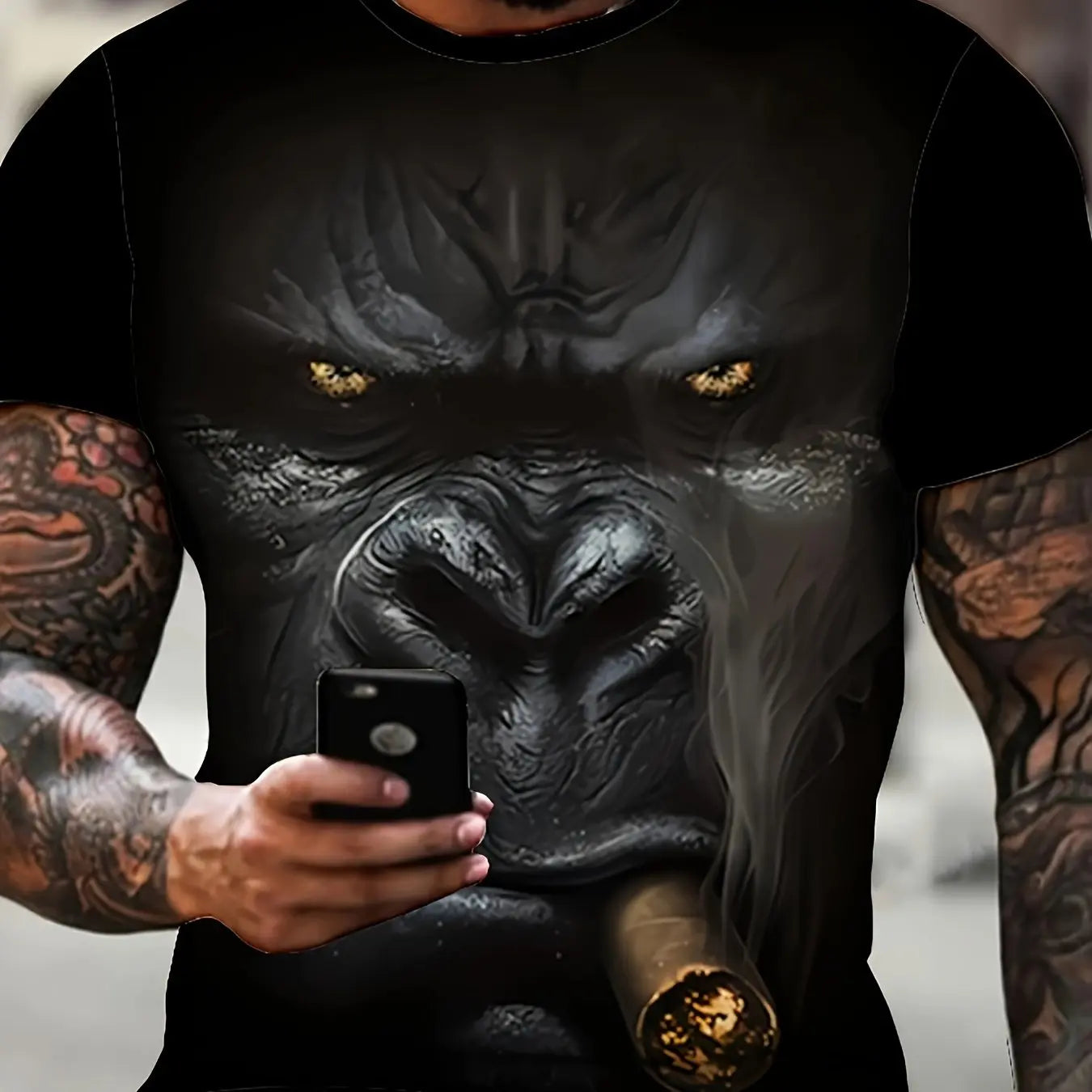 Plus Size Mens Fashion-Forward 3D Gorilla Print Tee - Vivid Summer Street Style, Breathable Short Sleeves, Premium Quality Temu