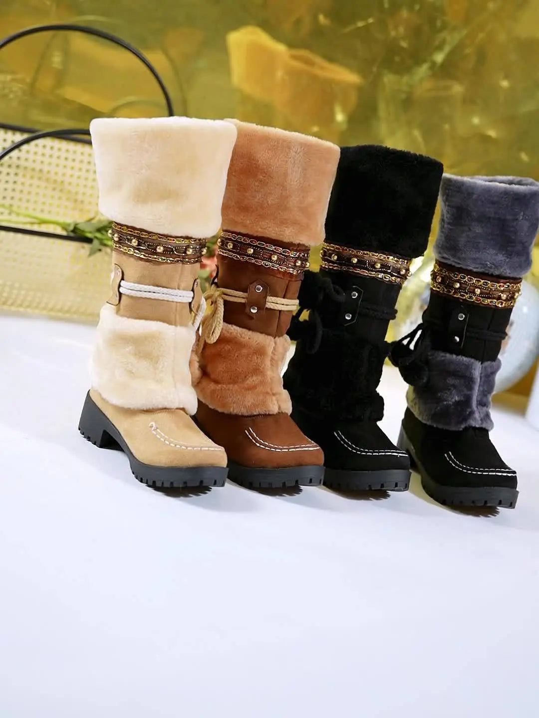 Cozy Winter Women's Snow Boots With Pom-Pom & Bowknot - Mid-Calf, Chunky Heel, Warm Fleece Lining, Non-Slip Rubber Sole For Outdoor Activities Chic Le'Meek