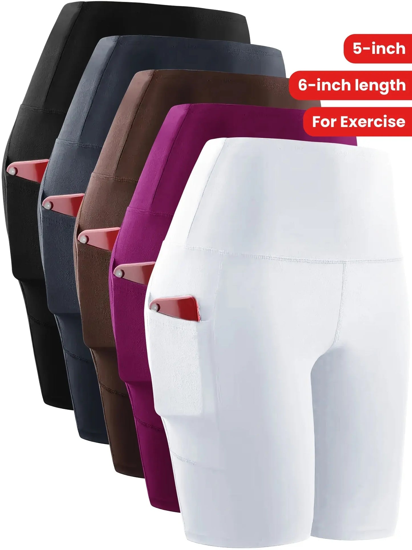 5pcs Set Of 5-inch High Waisted Knight Shorts, Women's Pockets, Ultra Soft Abdomen Control, No Perspective Exercise, Running, Yoga Exercise Shorts, 6-inch Length Chic Le'Meek