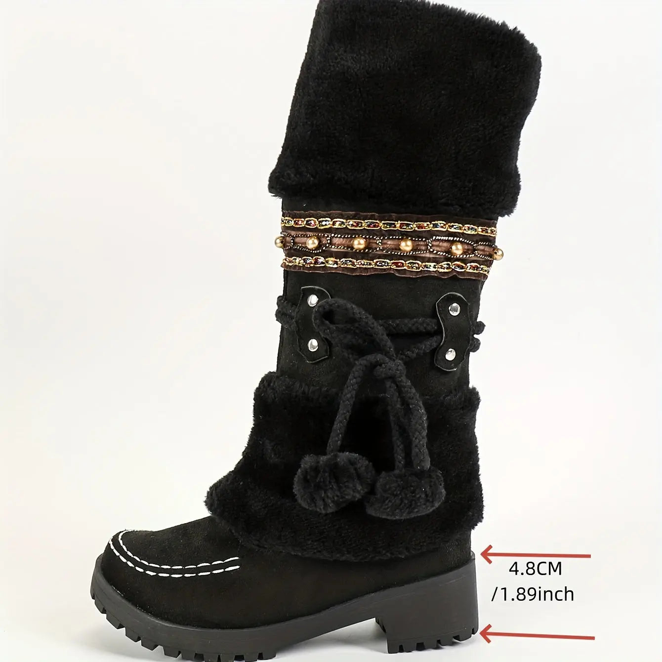 Cozy Winter Women's Snow Boots With Pom-Pom & Bowknot - Mid-Calf, Chunky Heel, Warm Fleece Lining, Non-Slip Rubber Sole For Outdoor Activities Chic Le'Meek