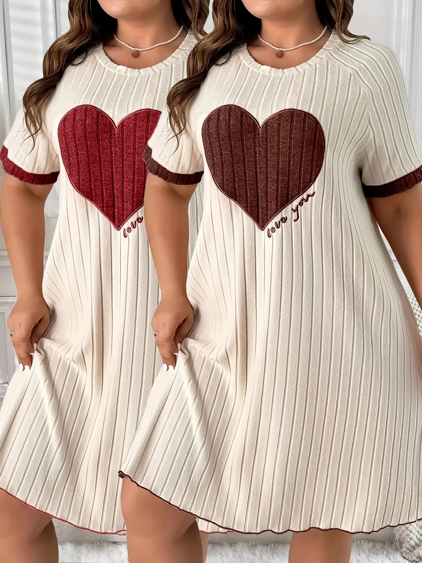 Plus Size Short-Sleeve Dress with Heart Embroidery Two-Piece Set Temu