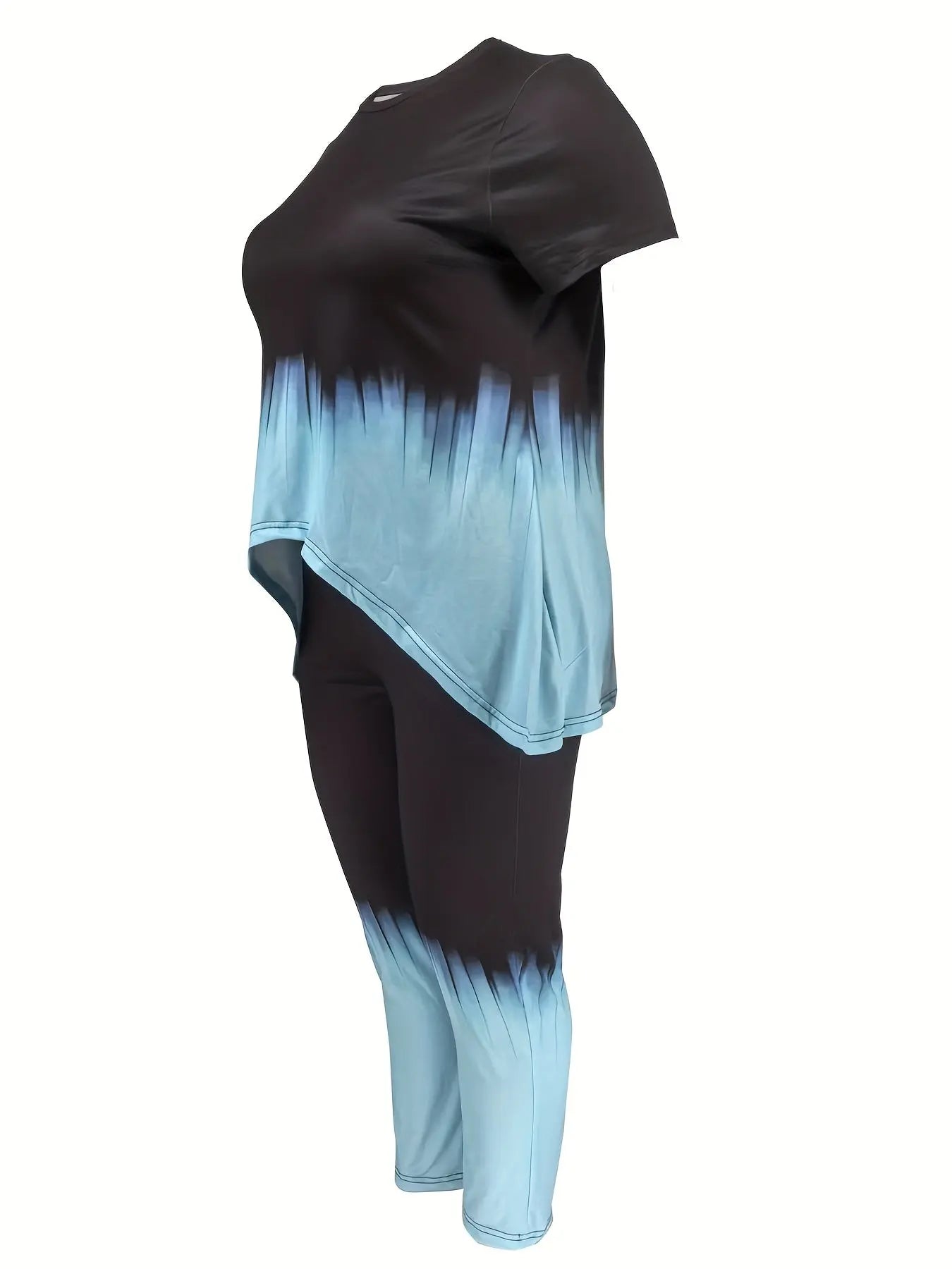 Plus Size Polyester Knit Tie-Dye Clothing Set - Short Sleeve Top And Long Pants - Machine Washable, Simple Style Chic Le'Meek