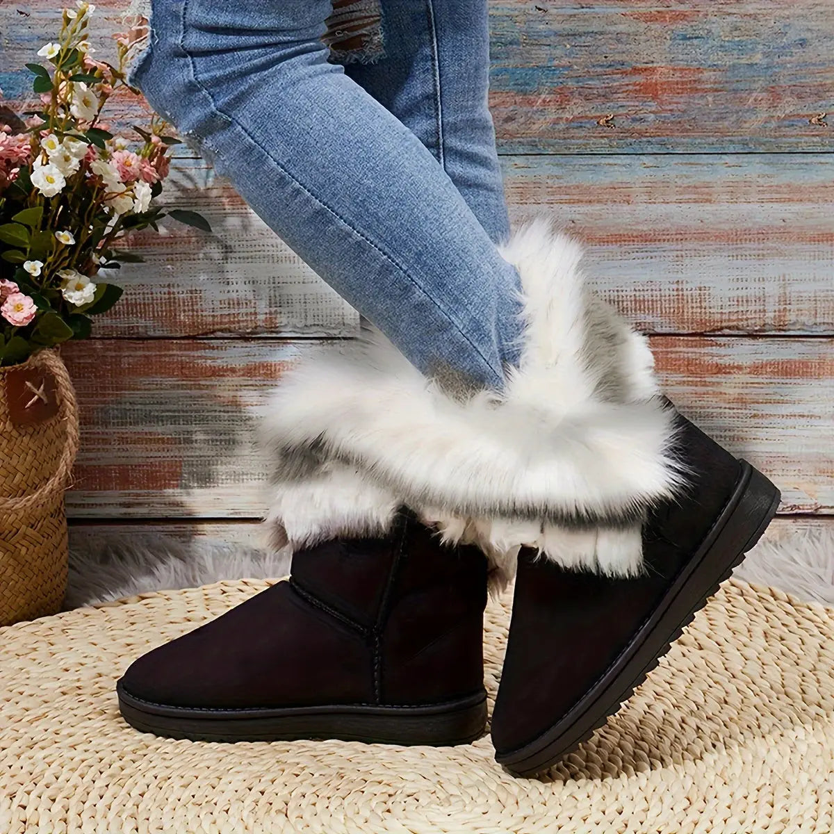 Women's Warm Snow Boots, Fashion Faux Fur Slip On Boots, Women's Comfortable Winter Boots Chic Le'Meek