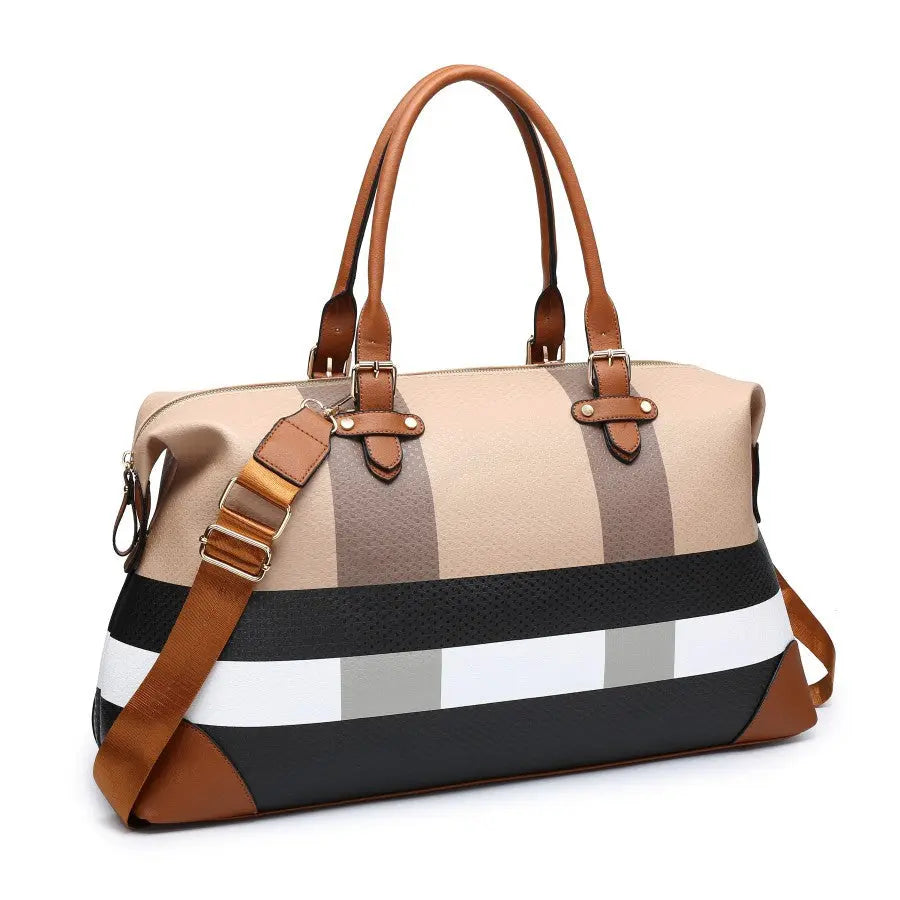 PU leather large overnight travel bag striped pattern handbag carry-on luggage bag suitable for vacation, overnight, camping, hiking, sports and fitness Chic Le'Meek