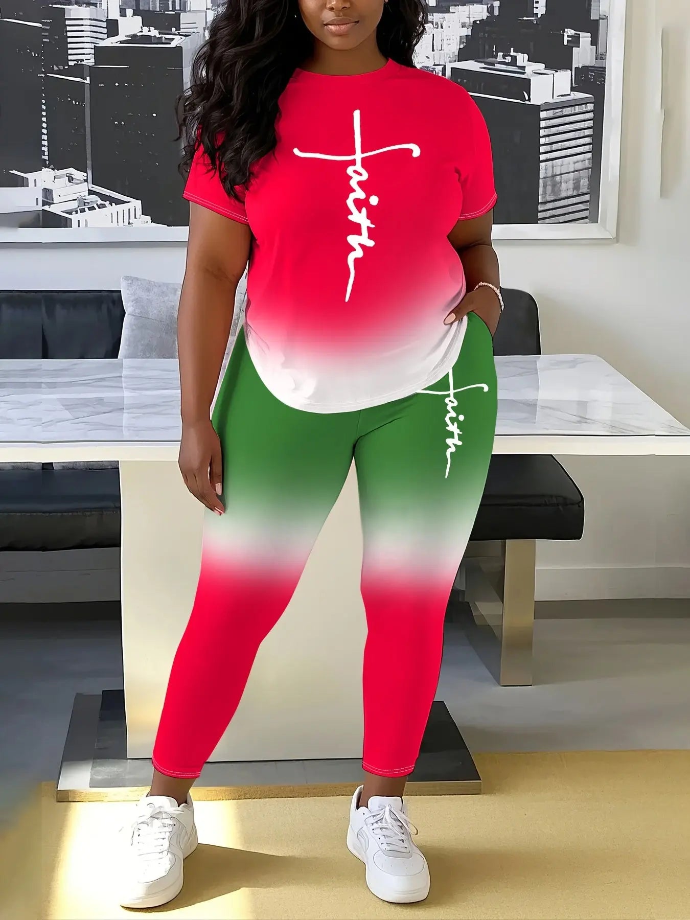 Ladies' Daily Casual Gradient Suit, Faith Letter Printing, Plus-size Tight Pants With Pockets Chic Le'Meek