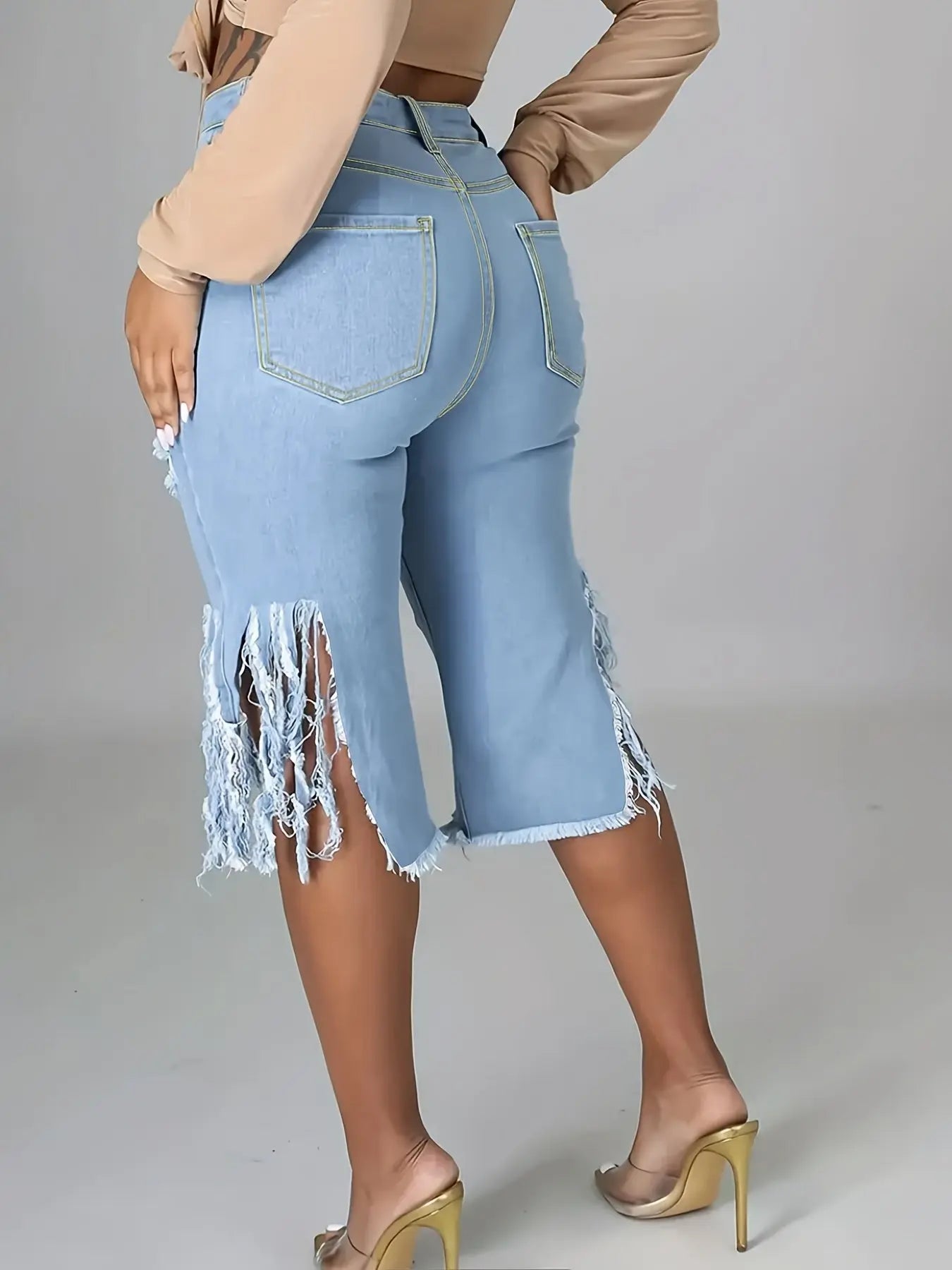Plus Size Women'S Casual Denim Shorts With Fringed Hem Chic Le'Meek