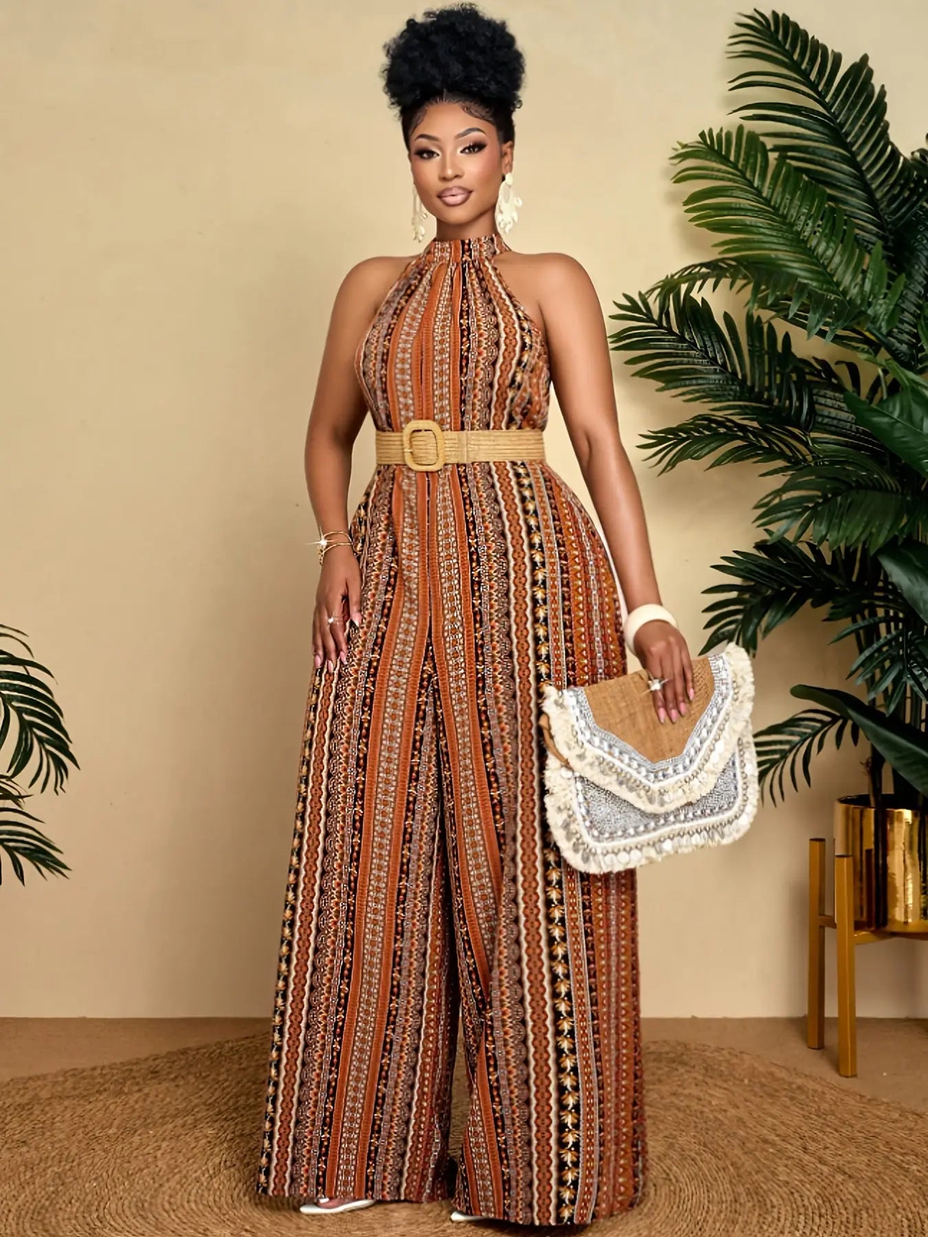 Women's Plus Size Boho-Chic Jumpsuit - Sleeveless Off-the-Shoulder Wide-Leg Pants Temu