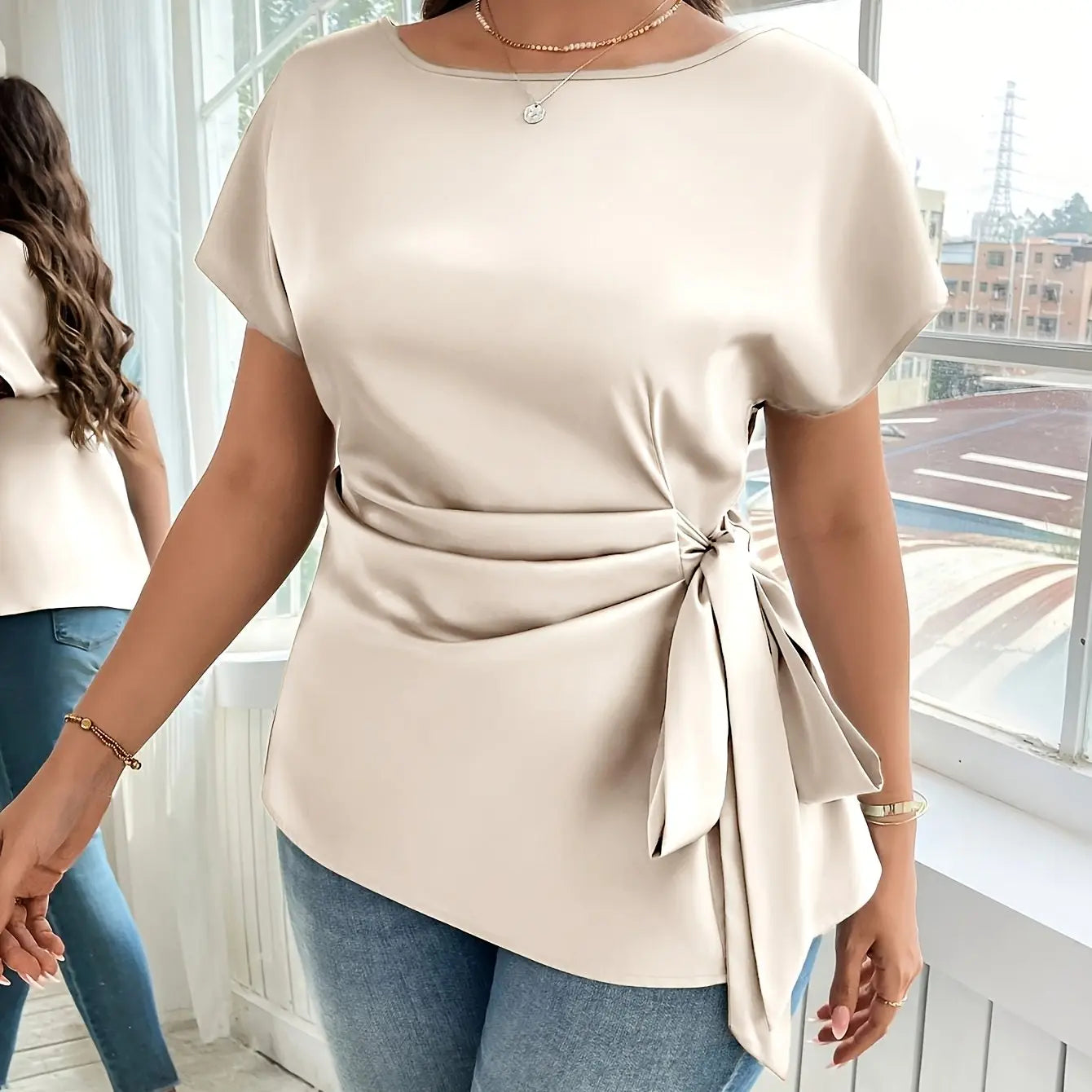 Plus Size - Women's Elegant Satin Blouse with Bow Detail - Short Sleeve AliExpress