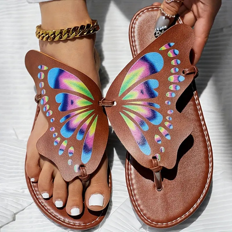 Women's Butterfly Flip Flops, Faux Leather Thong Slippers, Colorful Summer Beach Sandals, Fashion Footwear With Vibrant Wing Design Temu