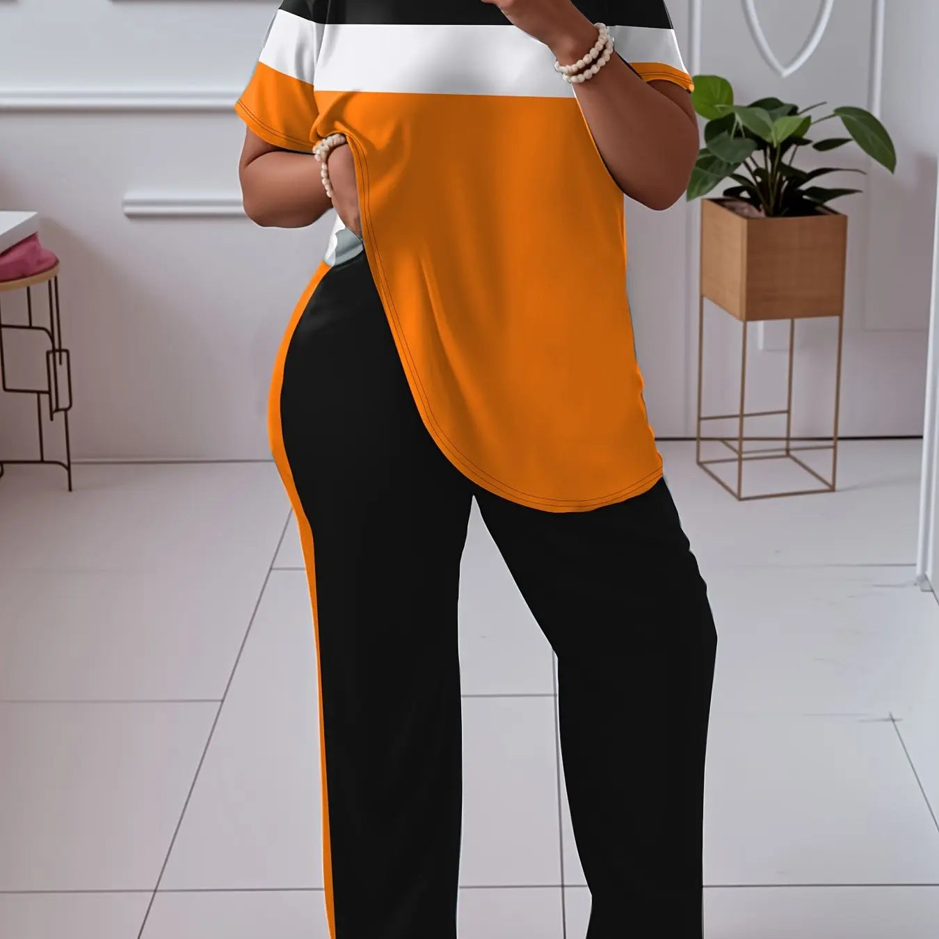 Women'S Plus Size Casual Color Block 2pcs Set - Elegant Crew Neck Short Sleeve Top & Straight Leg Pants, 95% Polyester 5% Elastane, Medium Stretch Knit Fabric, Machine Washable Chic Le'Meek