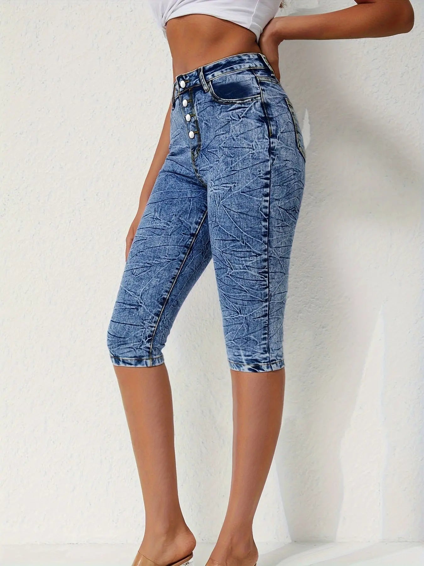 Plus Size Single-breasted Casual Style Washed Blue Stretchy Capri Denim Pants, Women's Denim Jeans & Clothing Temu