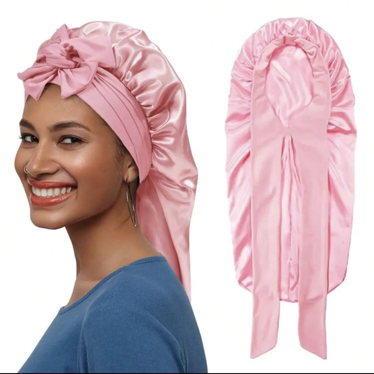 Women's Elastic Tie Band Long Satin Bonnet for Long Curly Hair - Gentle Hair Care Sleeping Cap with Smooth Texture and Soft Inside Chic Le'Meek