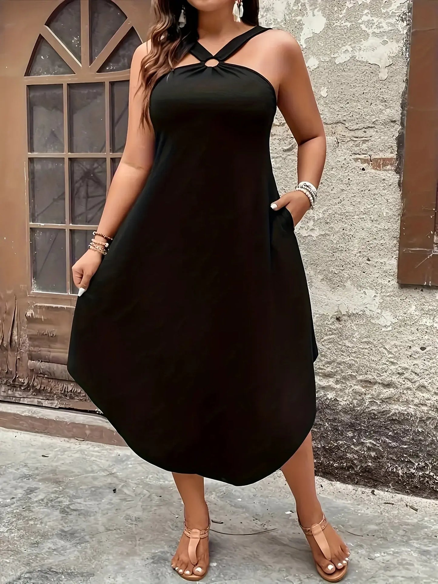 Women's Plus Size Elegant Halter Neck Maxi Dress - Formal or Casual Party, Beach, Everyday Outfits - Machine Washable Polyester Evening Gown for Women, Dresses for Beach, Summer Outfit, Tieback Fashion, Flowy Skirt Style Chic Le'Meek
