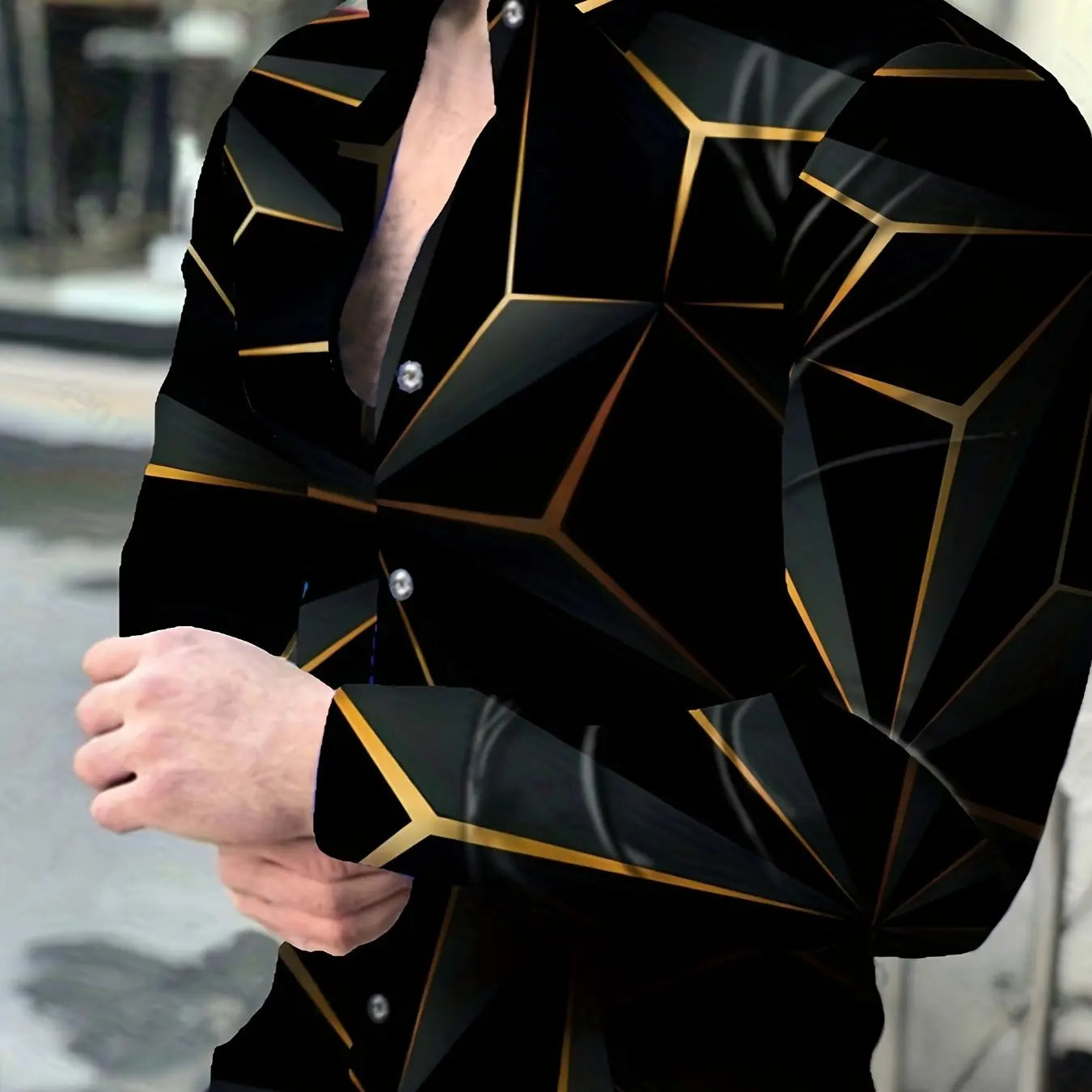 Mens Long Sleeve Geometric Print Lapel Shirt - Slim Fit, Button Down, Polyester, Woven, Non-Stretch, Casual Style for Daily Wear, Spring and Fall Seasons Temu
