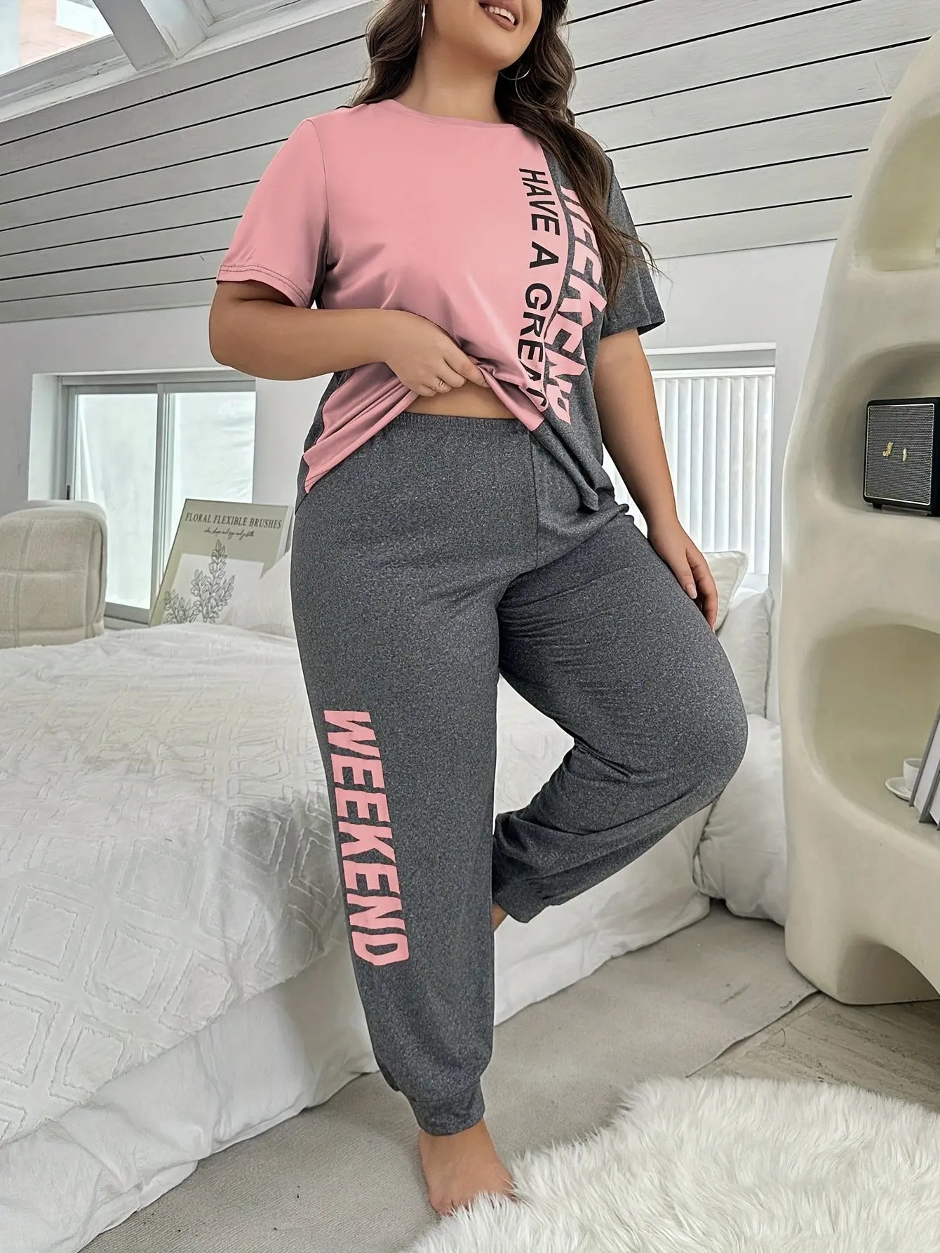Plus Size "Have a Great Weekend" Print Short Sleeve Pajama Set - Casual, All-Season Polyester Pajamas with Relaxed Fit, Ideal for Adults, Relaxed Fit Pajamas | Playful Print Design | Polyester Fabric Chic Le'Meek