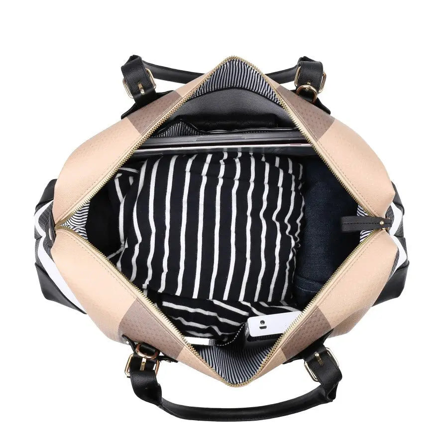PU leather large overnight travel bag striped pattern handbag carry-on luggage bag suitable for vacation, overnight, camping, hiking, sports and fitness Chic Le'Meek