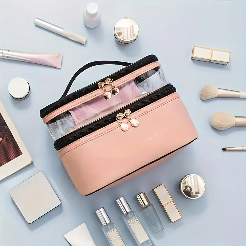 Large Capacity Double Layered Waterproof Transparent Makeup Bag - Portable, Travel-Friendly, Fashionable Cosmetic Storage with Polyester Material and Water Resistance Temu
