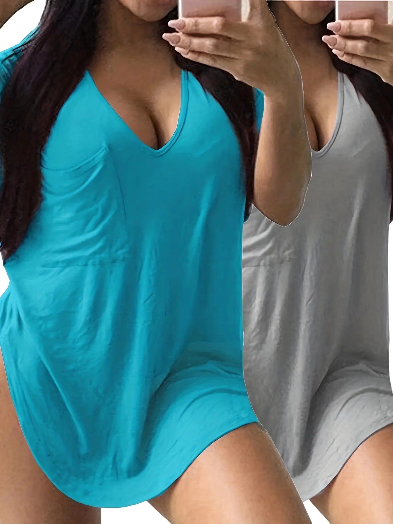 Large Size V-Neck Pocket Irregular Hem Short-Sleeved Top T-Shirt Two-Piece Set Chic Le'Meek