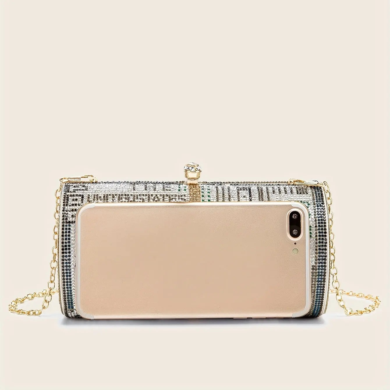 Sparkling Dollar Pattern Clutch Bag - Glamorous Cylinder Rhinestone Glitter Kiss Lock with Adjustable Metal Chain Temu