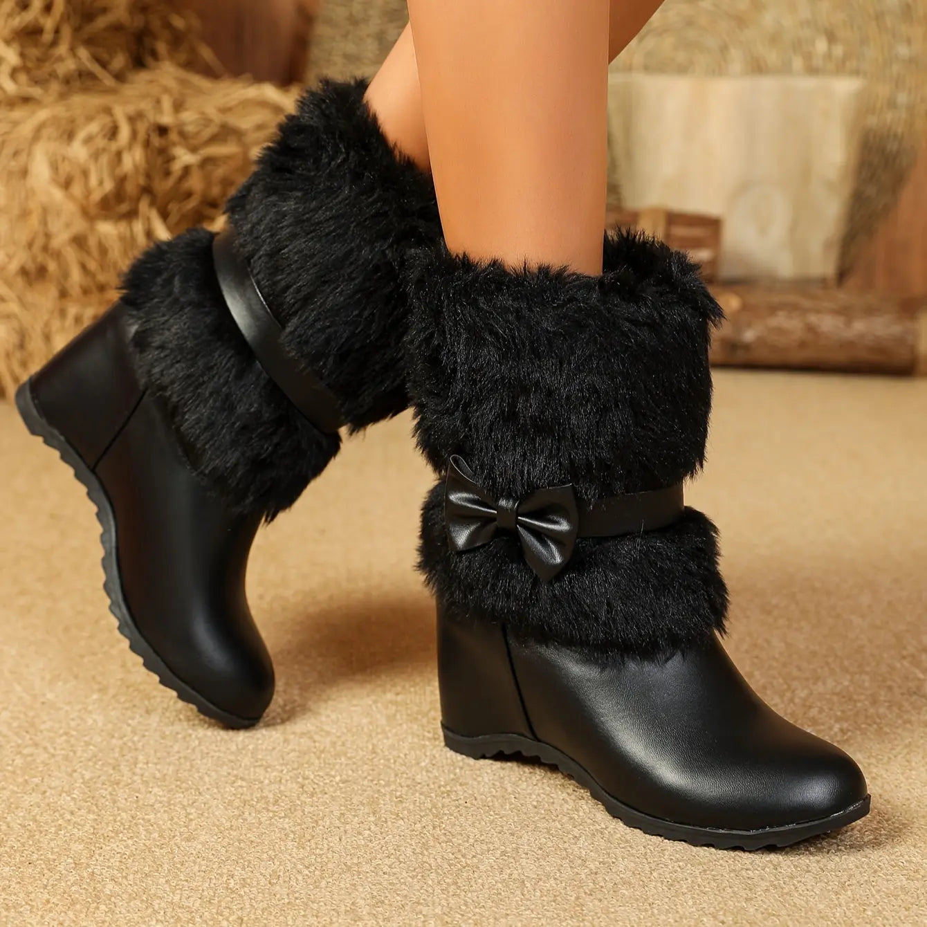 Women's Plush-Lined Winter Boots - Cozy Slip-On Mid-Calf Riding Boots with Thick Sole, Round Toe, and Bow Detail in White, Black, and Pink - Perfect for Cold Weather Comfort, Snow Boots Chic Le'Meek