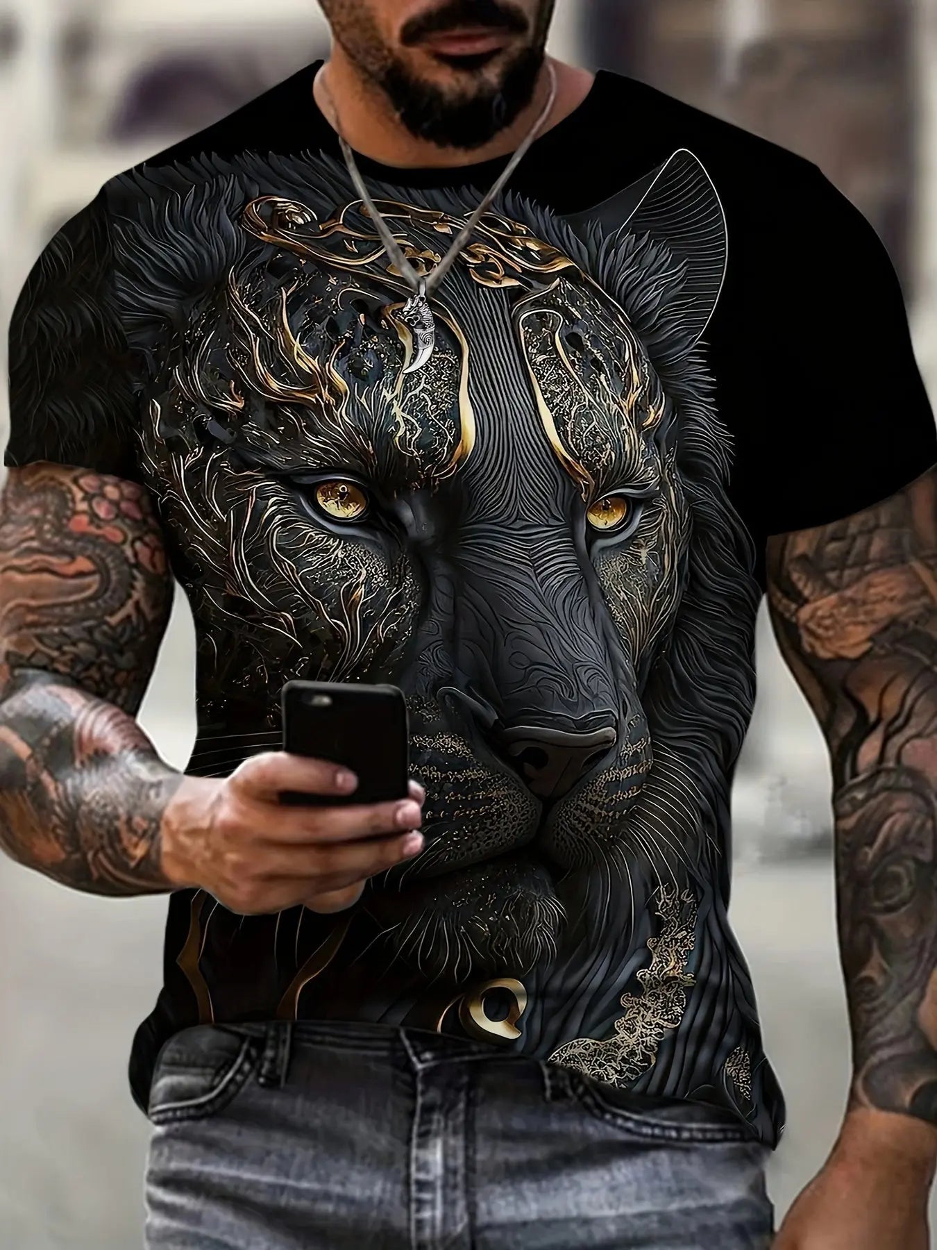 Plus Size Men's Tiger Graphic Tee - Stylish & Comfortable Short Sleeve Shirt for Casual Summer Wear, Breathable Cotton Blend Temu