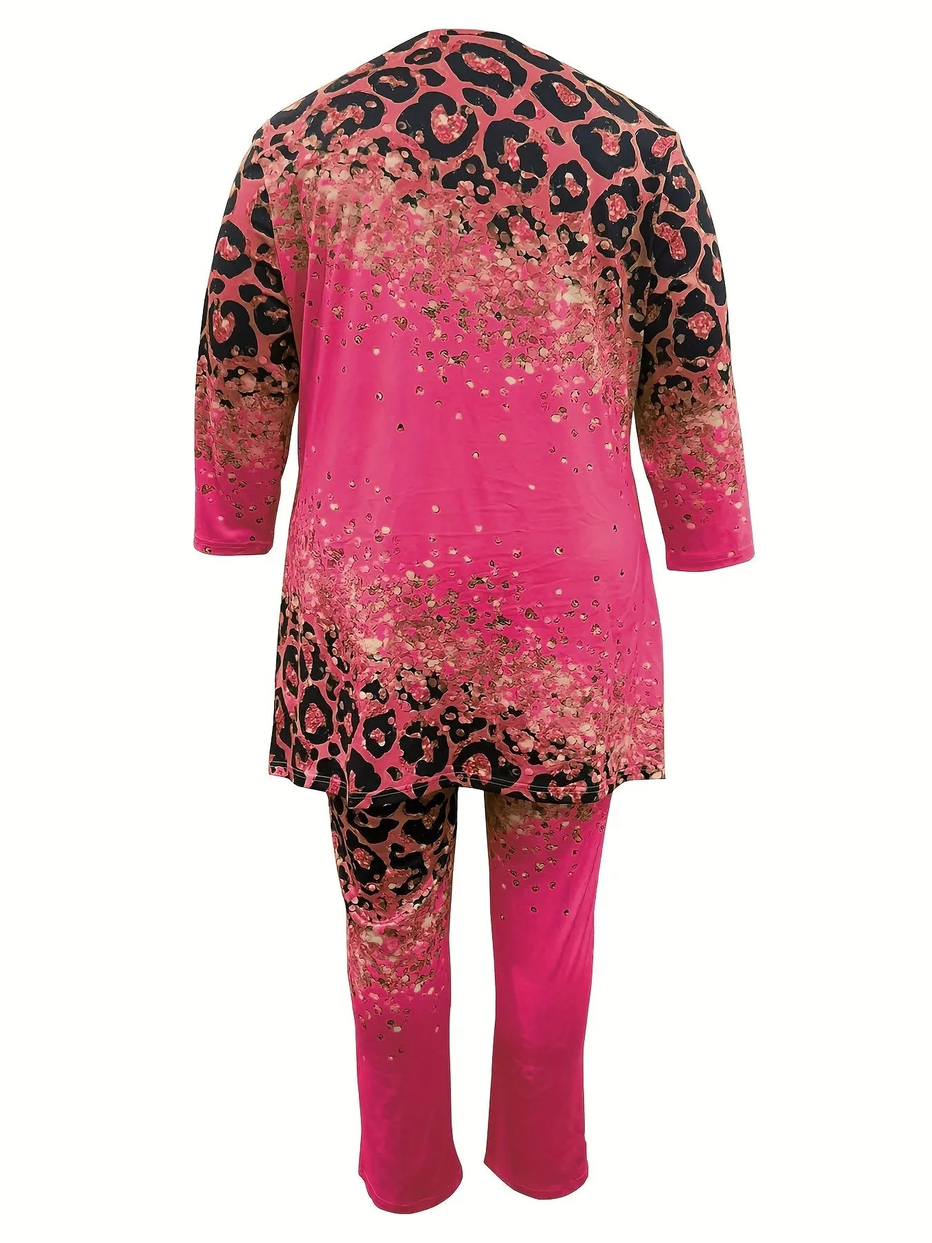 Leopard & Heart Print Plus-Size Set for Women - High-Low Hem, 3/4 Sleeves, Crew Neck Top & Pants Chic Le'Meek