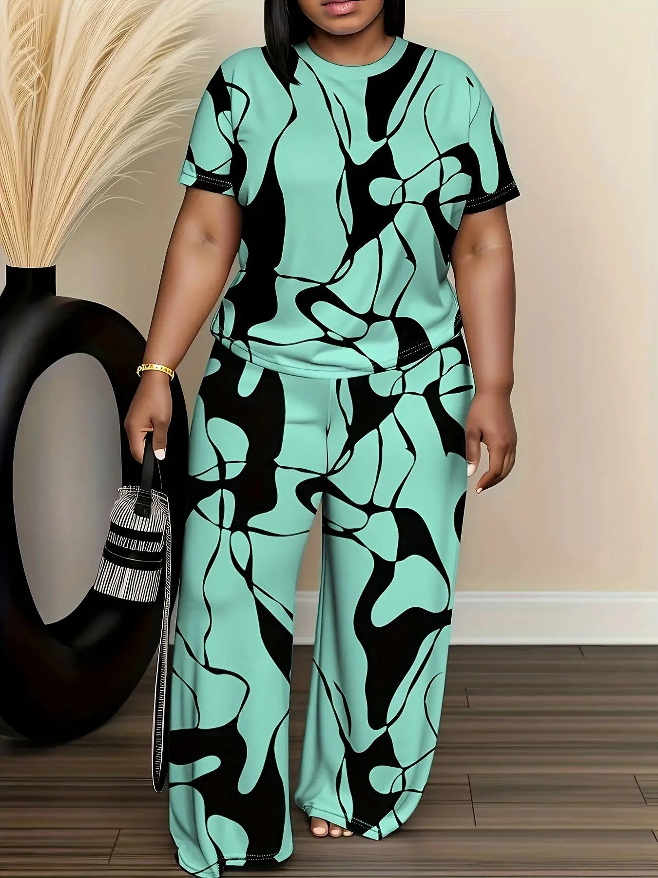 Plus Size Women'S Fashion Two Piece Suit, Round Neck Short Sleeve Top And Pants Set, Women'S Plus Size Trousers Short Sleeve Two Piece Suit Chic Le'Meek