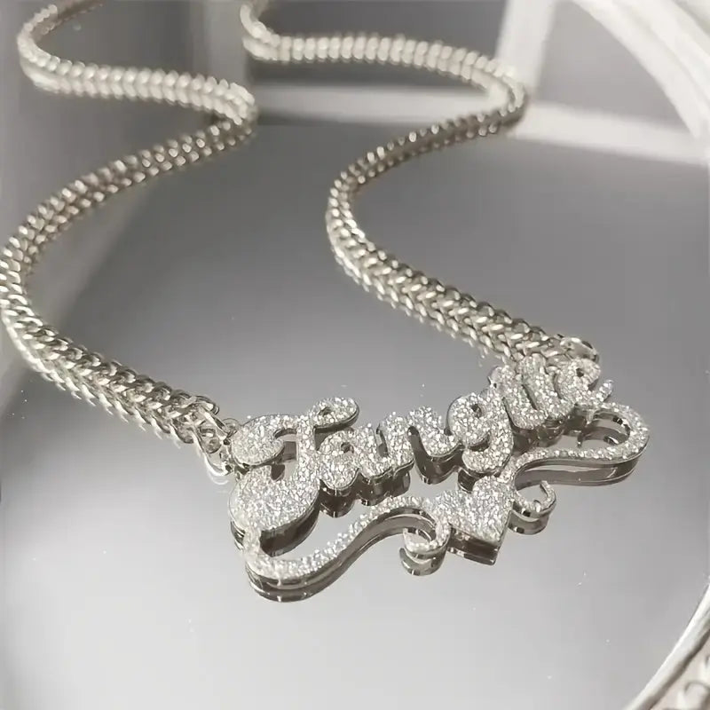 1pc Personalized Stainless Steel Name Necklace - Frosted Letter Pendant with Sparkling Accents, 18K Golden Plated Cuban Link Chain, Bohemian Chic Unisex Jewelry Gift for Women & Men, Casual or Special Occasions, Cursive Font Chic Le'Meek