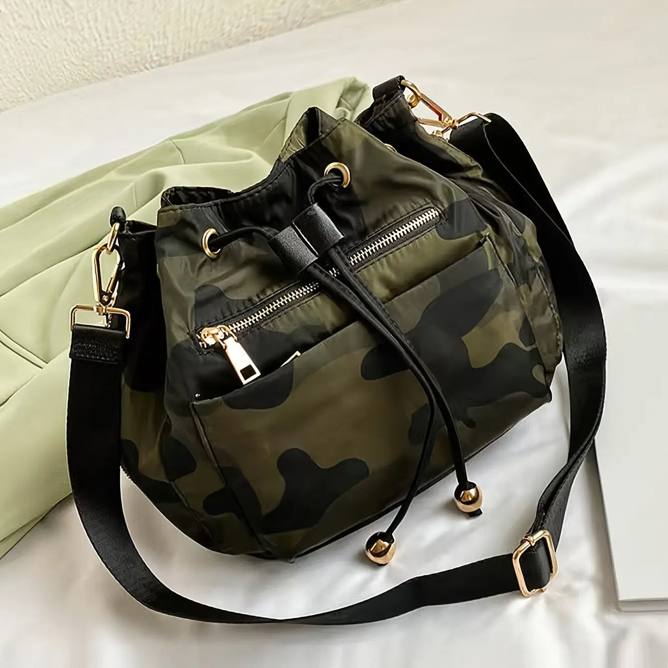 Small Camouflage Pattern Bucket Shoulder Bag - Durable Nylon Material, Classic Drawstring Closure, Polyester Lining, Edge Painted Temu