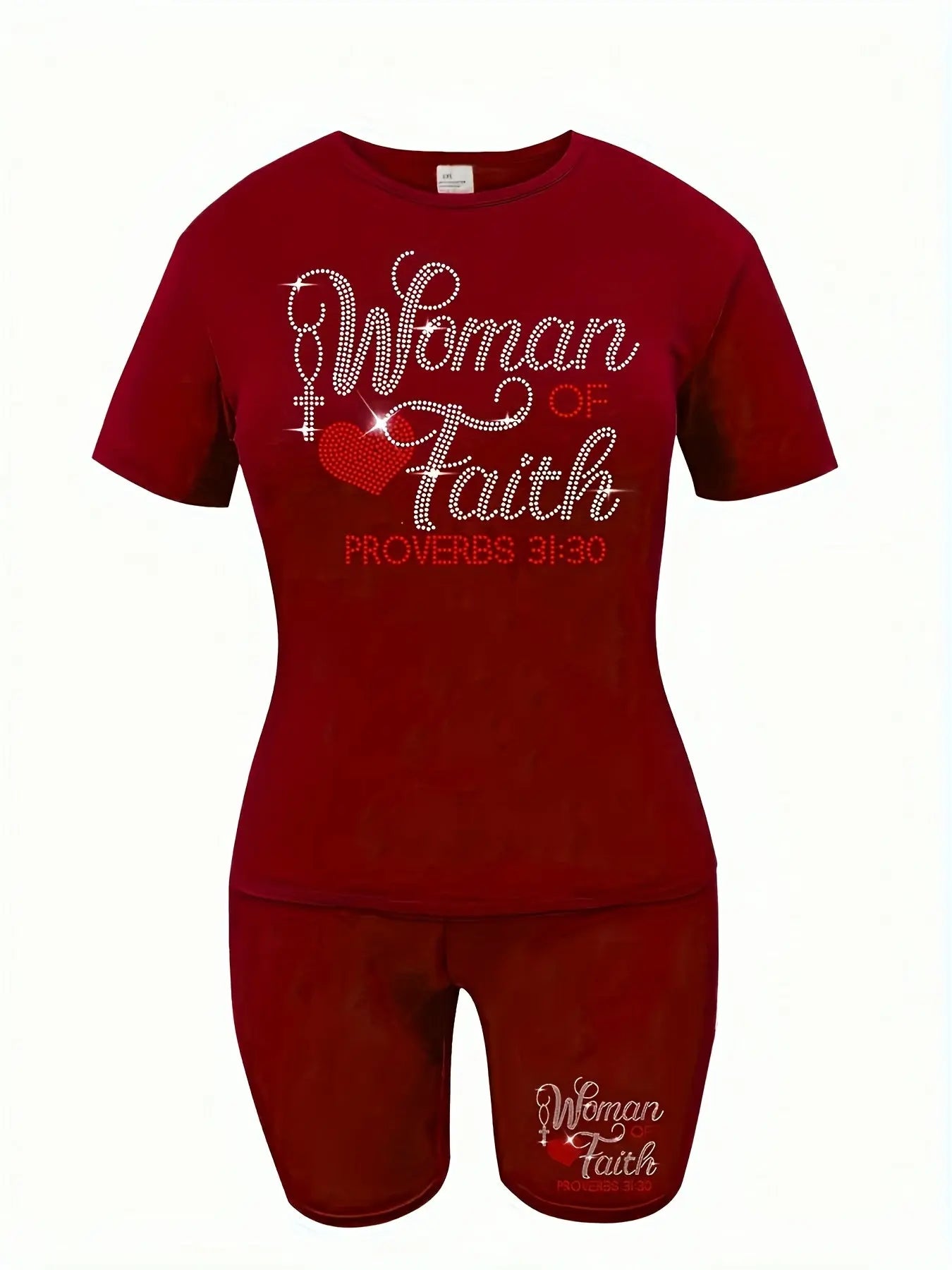Ladies' Casual Short Sleeved Shorts Set, Hot Stamping Craftsmanship, Women's Faith Letter Hot Stamping Heart Pattern Chic Le'Meek