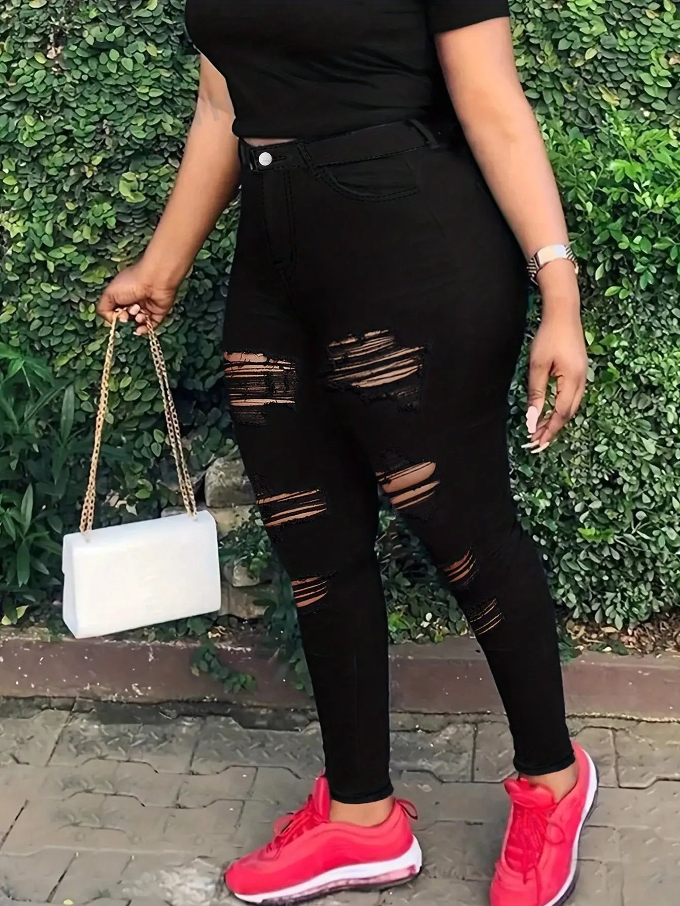 Plus Size Ripped Plain Black Color Distressed Stretchy Skinny Fit Denim Pants, Women's Denim Jeans & Clothing Temu