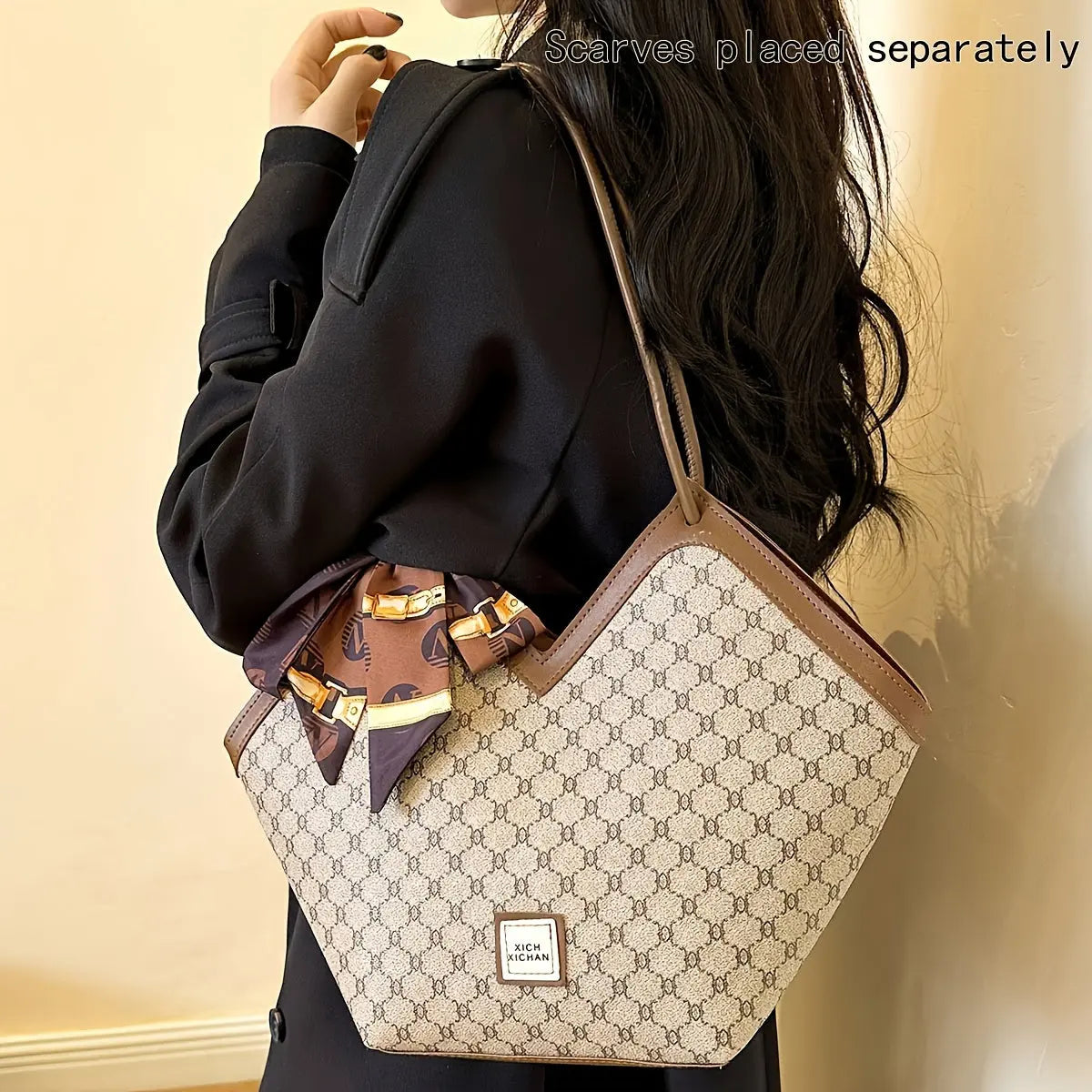 LABOONOO Women'S Vintage-Inspired Tote Bag with Scarf - Elegant, Large Capacity, Zip Closure, Grey & Beige Pattern, Perfect for Casual or Retro Outfits Chic Le'Meek