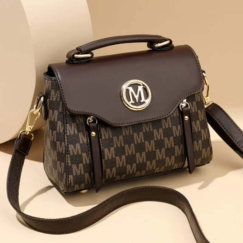 Vintage Geometric Women's Handbag - Large Capacity PU Shoulder Bag with Golden-Tone Hardware, Herringbone Pattern & Letter "M" Design, Detachable Strap, Perfect for Everyday Use (Light Brown/White/Black) Chic Le'Meek