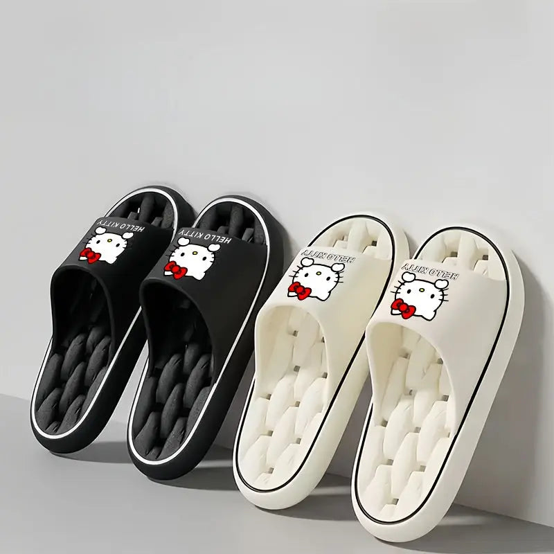 Sanrio Hello Kitty Kawaii Cartoon Slides - Unisex Breathable Soft Sole EVA Slippers, Comfortable Non-Slip Casual Shoes for Indoor & Outdoor Use, Black & Cream Design with Red Bows, Cute Slippers Chic Le'Meek