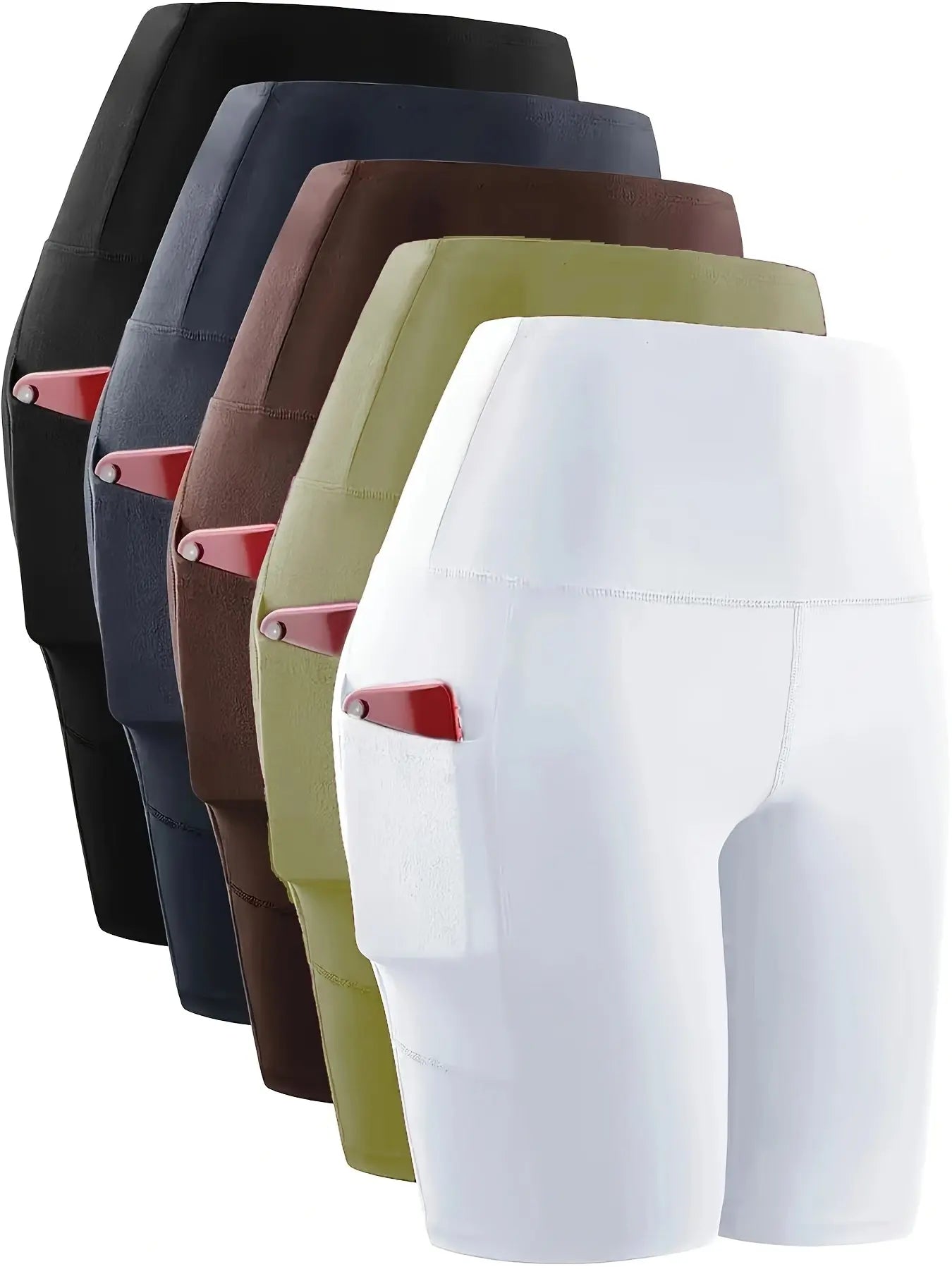 5pcs Set Of 5-inch High Waisted Knight Shorts, Women's Pockets, Ultra Soft Abdomen Control, No Perspective Exercise, Running, Yoga Exercise Shorts, 6-inch Length Chic Le'Meek