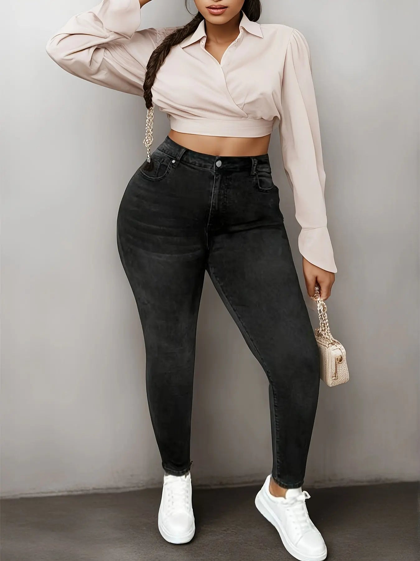Women's Casual Jeans, Plus Size Solid Color High Rise Whiskering Slash Pocket Skinny Denim Pants Temu