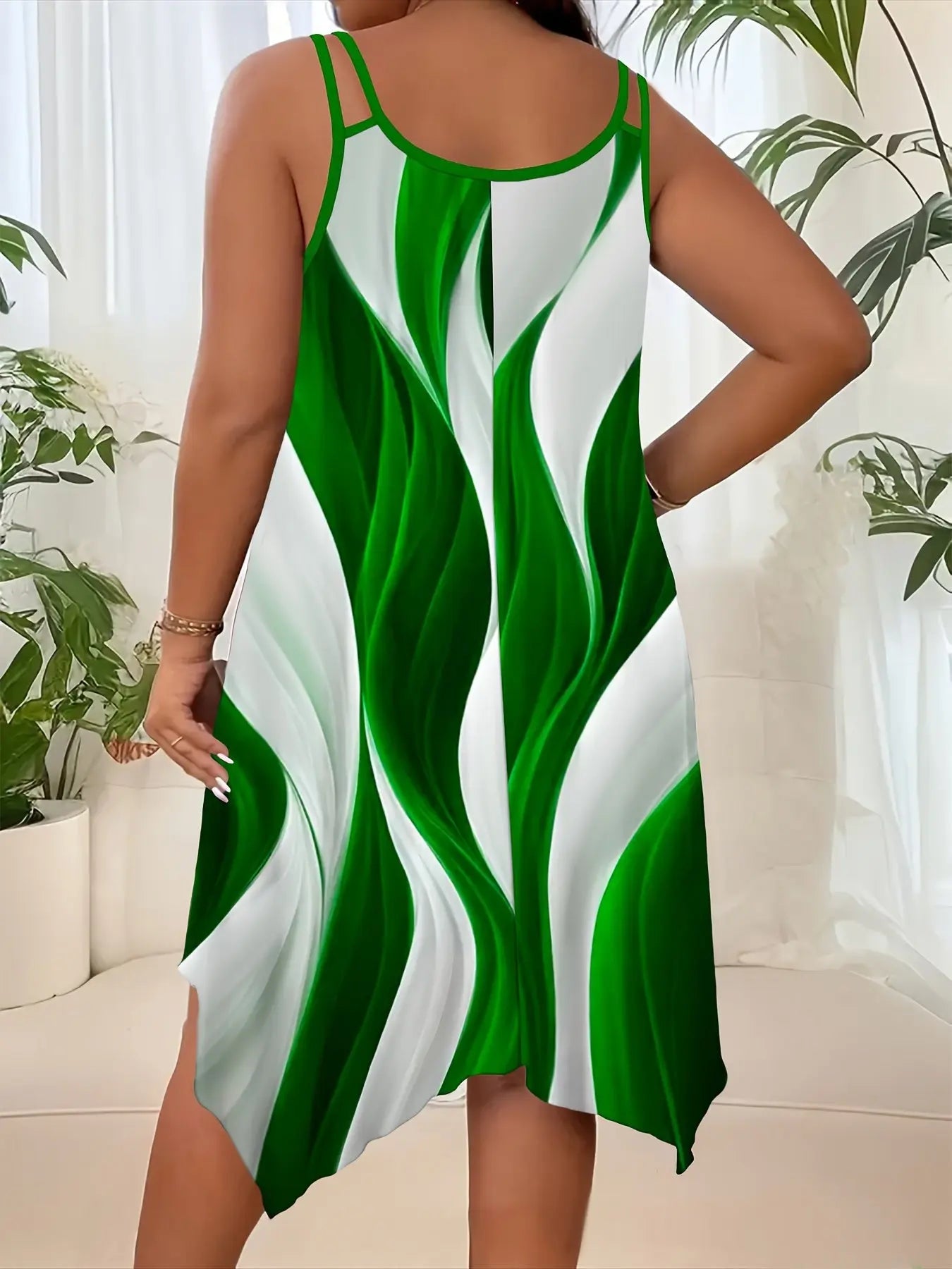 1pc Women'S Summer Casual Asymmetrical Hem Dress, Polyester 95% Spandex 5% Fabric, Crew Neck Slingback with Random Print Design Chic Le'Meek