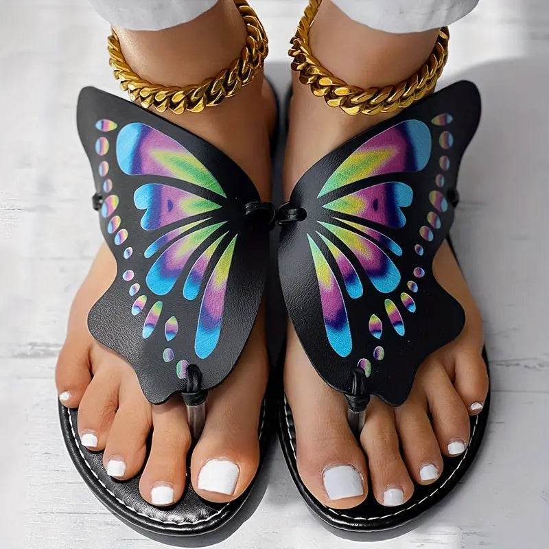 Women's Butterfly Flip Flops, Faux Leather Thong Slippers, Colorful Summer Beach Sandals, Fashion Footwear With Vibrant Wing Design Temu