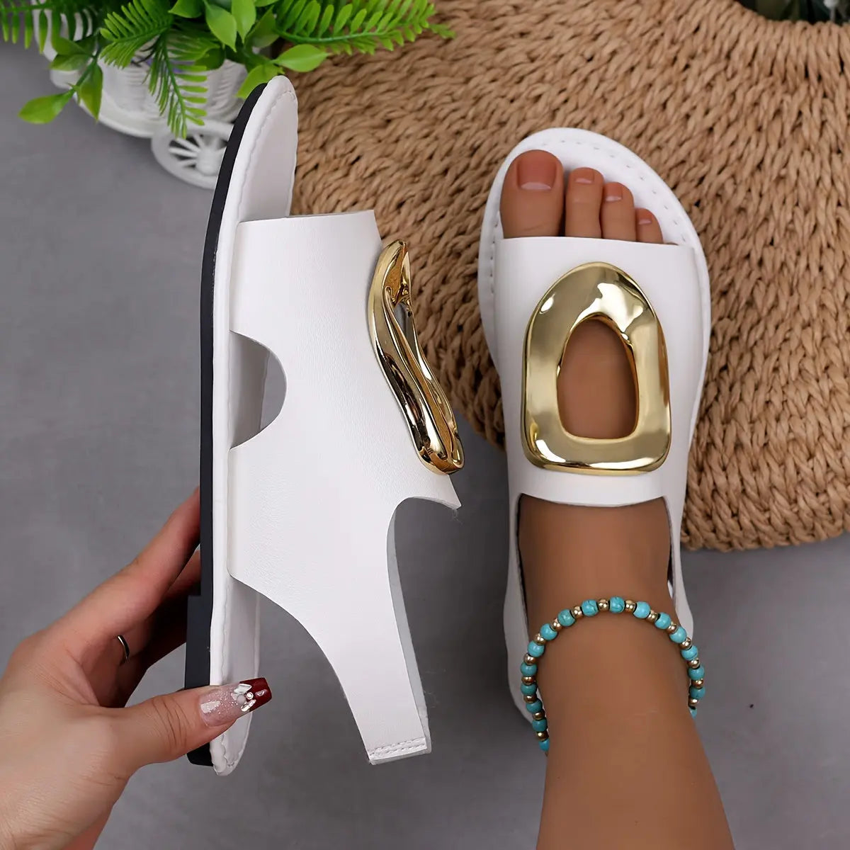 Chic Summer Women's Sandals with Metallic Buckle - Open Toe, Flat Heel, Faux Cover Slip-On Shoes Temu
