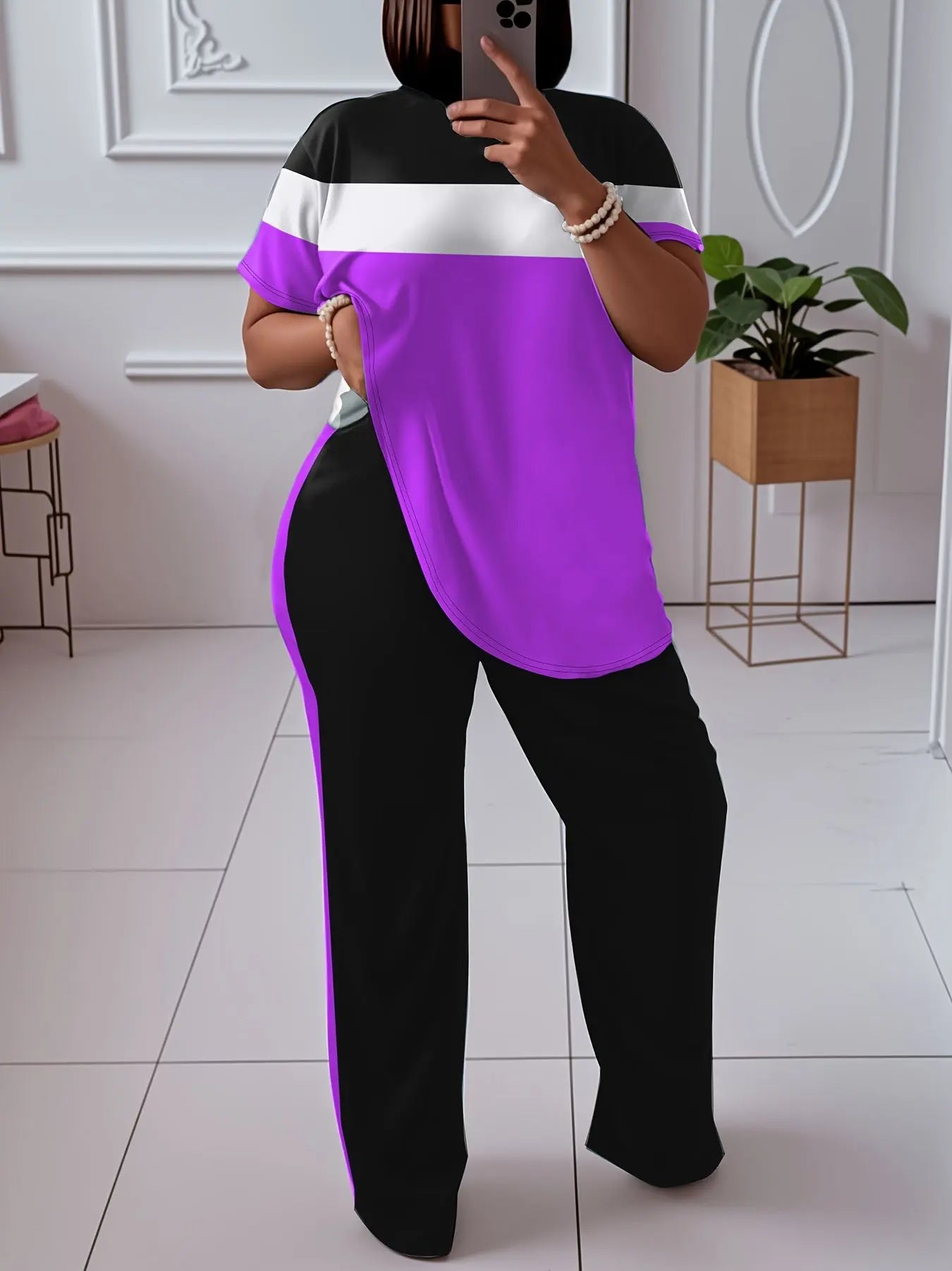 Women'S Plus Size Casual Color Block 2pcs Set - Elegant Crew Neck Short Sleeve Top & Straight Leg Pants, 95% Polyester 5% Elastane, Medium Stretch Knit Fabric, Machine Washable Chic Le'Meek