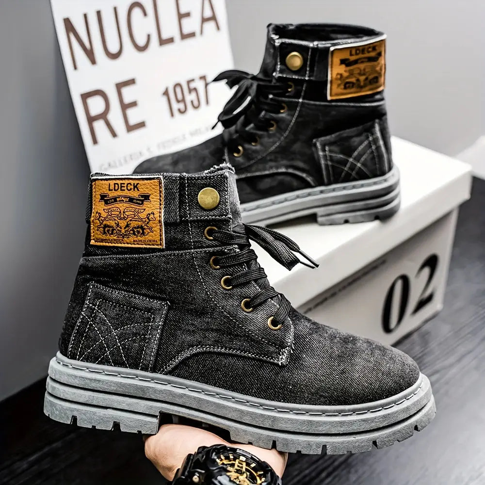 Men's Thick Anti-Slip Shock-Absorbing Ankle Boots - Durable PU Upper & PVC Sole, All-Season Versatile Lace-Up Shoes for Casual, Outdoor & Daily Wear, Casual Streetwear, Modern Street Footwear, Comfortable Fabric Insole Chic Le'Meek