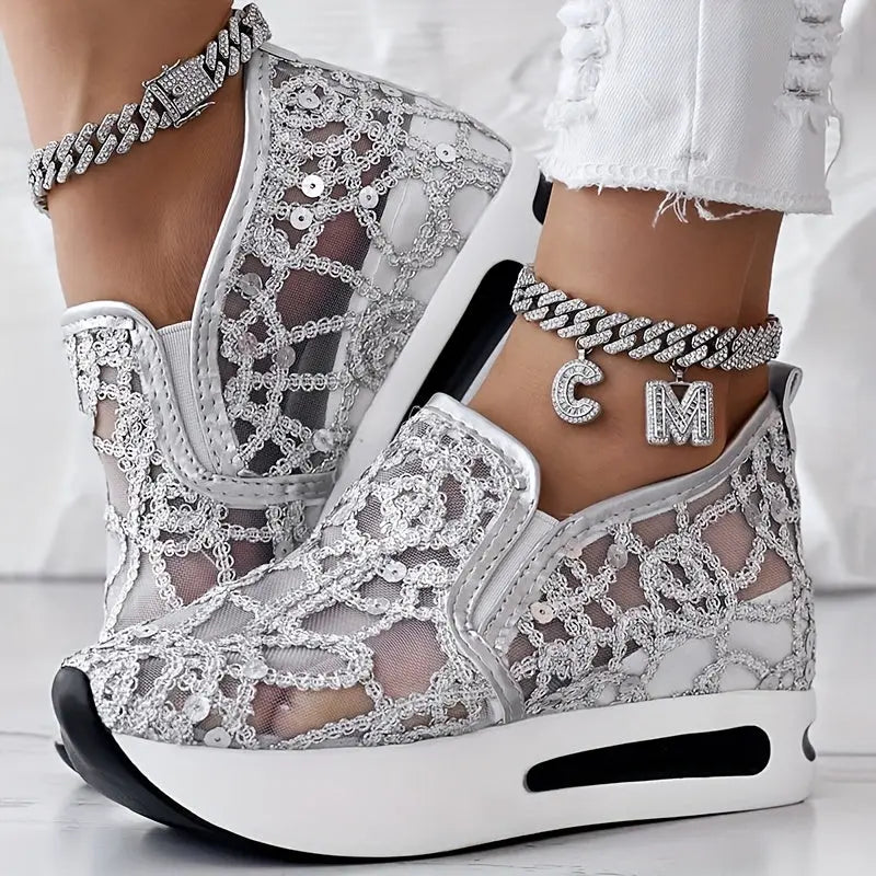 Abstract Print Side Lace-up Casual Wedge Sneakers - Without Anklet Chic Le'Meek