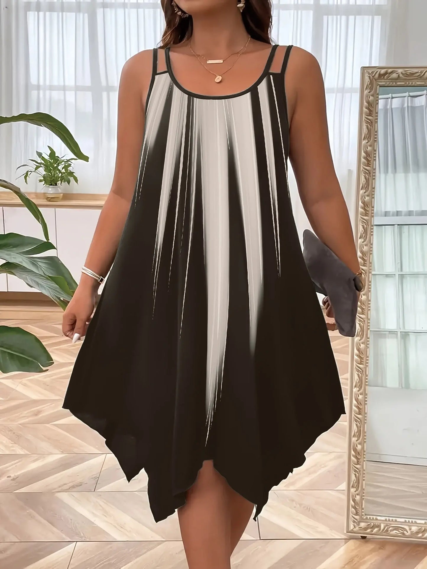 Plus Size Ombre Print Cami Slip Dress - Spaghetti Strap, Sleeveless, Crew Neck, Dual Strap, Asymmetrical Hem, Medium Stretch, Polyester, Random Printing, Vacation Style for Spring, Summer, and Fall Seasons Temu