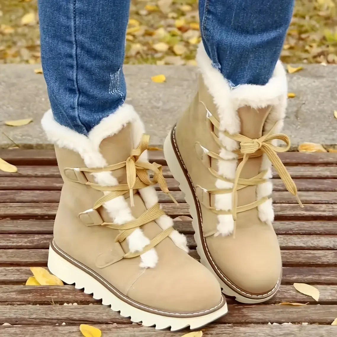 Women's Faux Fur Lined Snow Boots, Slip-Resistant Platform Soft Sole Warm Snow Boots, Comfort Mid-calf Non-slip Snow Boots Chic Le'Meek