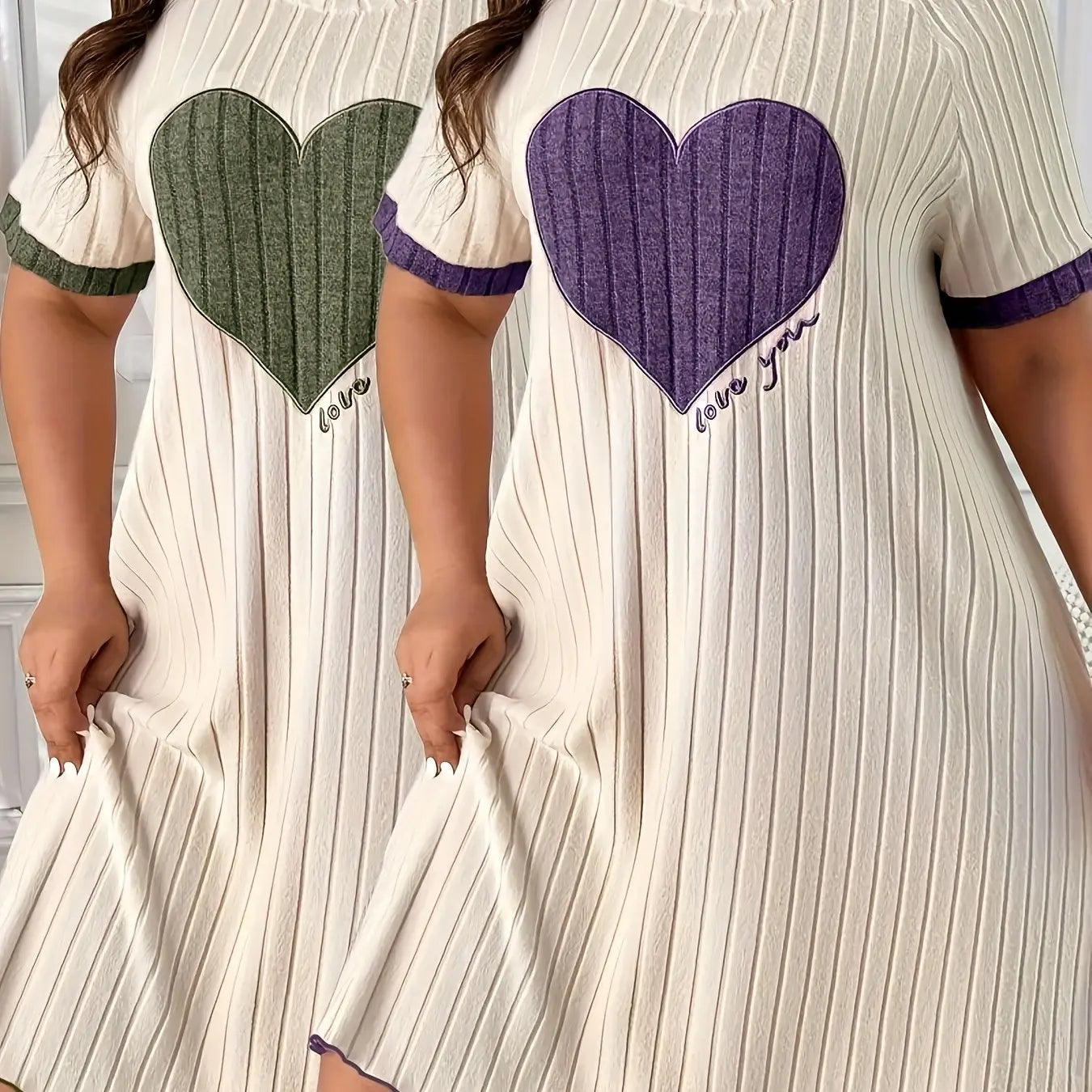 Plus Size Short-Sleeve Dress with Heart Embroidery Two-Piece Set Temu